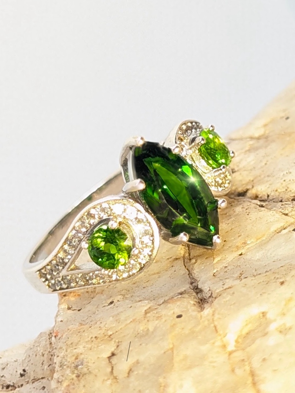 Green Chrome Diopside Rhodium Over Sterling Silver Ring 2.53ctw
 size 9